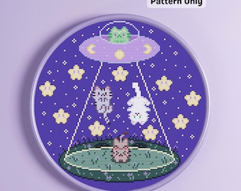UFO Alien Cat Abduction Funny Counted Cross Stitch Pattern (PDF Digital Download)
