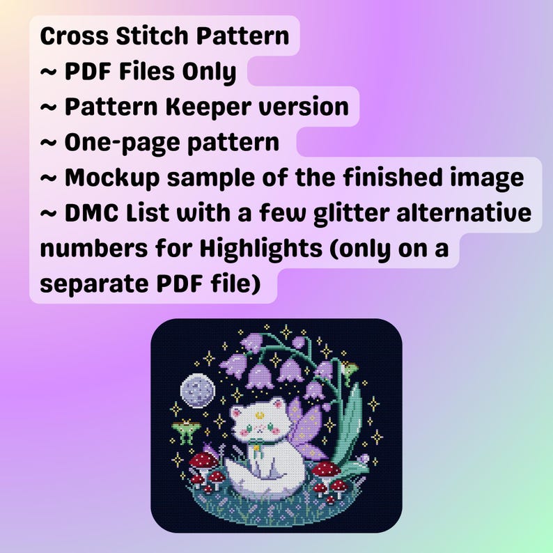 Op de afbeelding: Een kruissteekpatroon met een witte kat met vleugels, bloemen, paddenstoelen en een maan. De tekst geeft PDF-bestanden, een Pattern Keeper-versie en een DMC-lijst aan. Donkerblauwe achtergrond.
