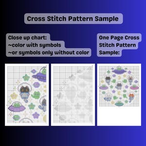 Puede incluir: Una muestra de patr&oacute;n de punto de cruz con tem&aacute;tica espacial, con extraterrestres, ovnis y estrellas. La imagen incluye el texto "Cross Stitch Pattern Sample", "Close up chart" y "One Page Cross Stitch Pattern Sample".
