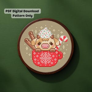 Christmas Cow in Red Cup Cross Stitch Pattern (PDF Digital Download)