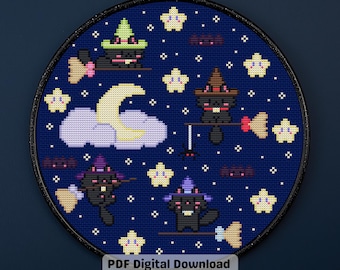 Witchy Black Cats Cross Stitch Pattern: Spooky Night Sky (PDF Digital Download)