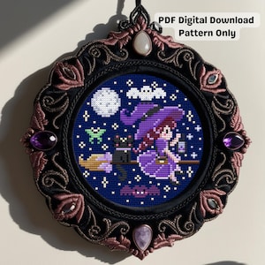 May include: A framed cross-stitch pattern featuring a witch on a broomstick, a black cat, and a full moon against a dark blue night sky. The frame is black with ornate detailing and decorative gemstones. Text reads "PDF Digital Download Pattern Only."