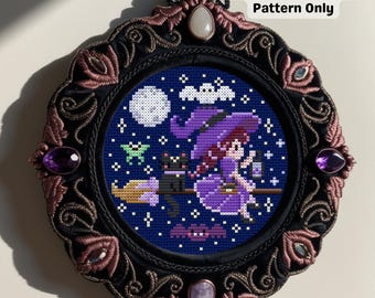 Patrón de punto de cruz mini de bruja voladora en el cielo nocturno (descarga digital en PDF)