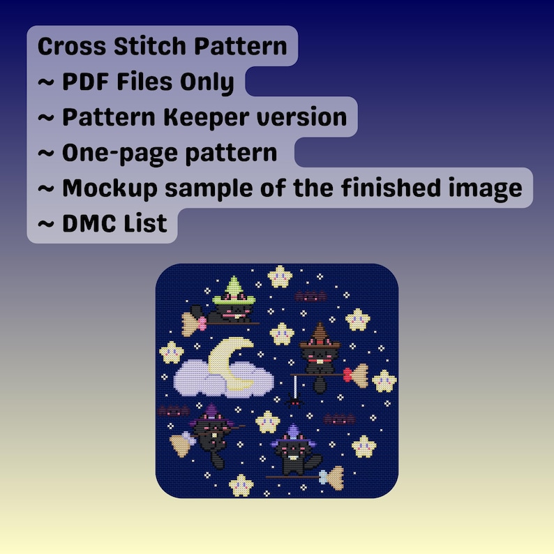 May include: A cross-stitch pattern featuring a dark blue square with a design of black cats wearing witch hats flying on brooms, with a crescent moon and stars. The text at the top reads "Cross Stitch Pattern" and other details.