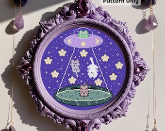 UFO Alien Cat Abduction grappig geteld kruissteekpatroon (digitale pdf-download)