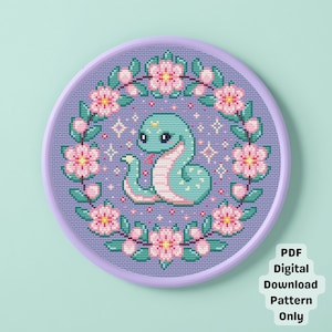 Patrón de punto de cruz de serpiente bebé verde y flor de cerezo Sakura (descarga digital en PDF)