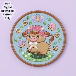 Padrão de ponto cruz para bordado "Vaca das Terras Altas Feliz" (Download digital em PDF)