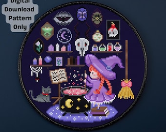 Magic Witch Room Cross Stitch Pattern: Cauldron Gothic Halloween Black Cat (PDF Digital Download)