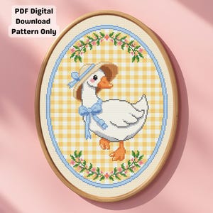 Cottagecore Goose Cross Stitch Pattern, Blue Bow, Spring Vintage Decor (PDF Digital Download)