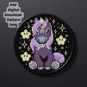 Gothic Unicorn Small Cross Stitch Pattern: Punk, Skull, Star, Pagan, Fantasy (PDF Digital Download)