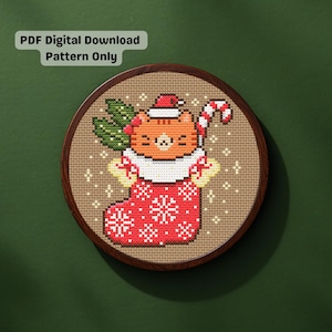 Patroon voor kruissteek van kerstsokken met oranje kat (PDF digitale download)