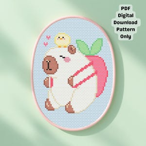 Capybara with Baby Chicken and Backpack Cross Stitch Pattern (PDF Digital Download)