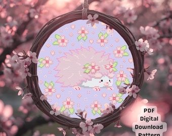 Cherry Blossom Pink Hedgehog Sakura Spring Cross Stitch Pattern (PDF Digital Download)