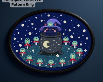 Witchy Cat and Frogs Cross Stitch Pattern: Magic Cauldron Witchcraft (PDF Digital Download)