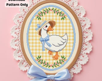 Patrón de punto de cruz de ganso estilo cottagecore, lazo azul, decoración vintage de primavera (descarga digital en PDF)
