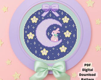 Magic Moon Fairy Bunny met sterren kruissteekpatroon (digitale pdf-download)