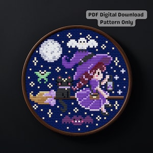 Flying Small Witch Night Sky Mini Cross Stitch Pattern (PDF Digital Download)