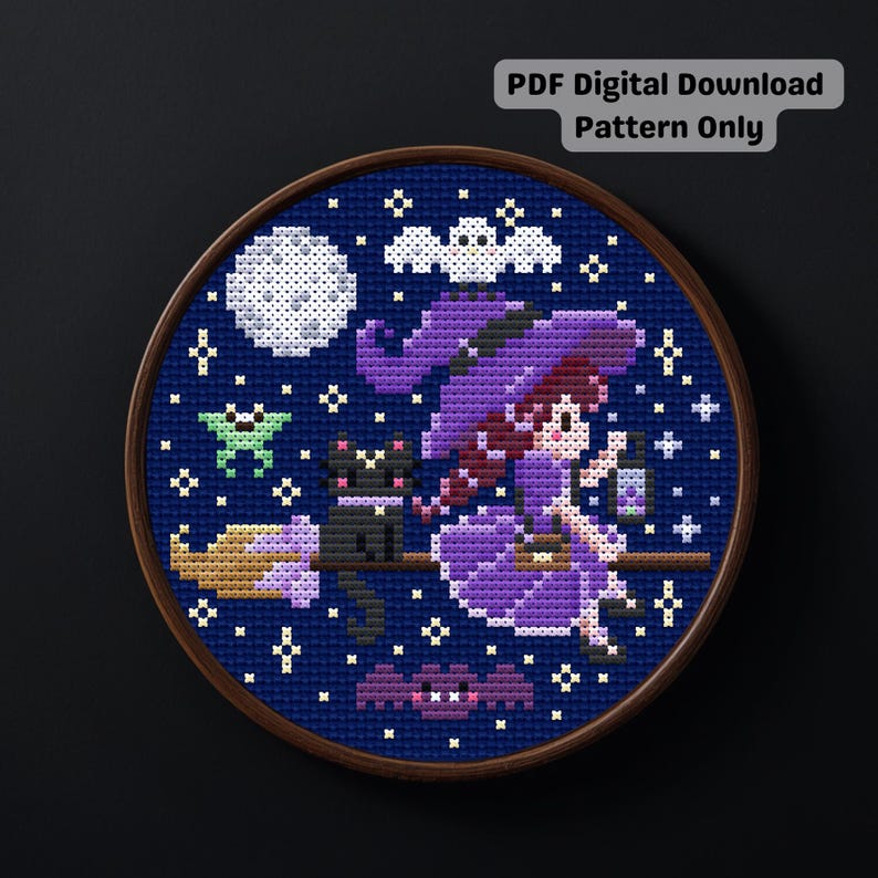 Flying Small Witch Night Sky Mini Cross Stitch Pattern (PDF Digital Download) image 1