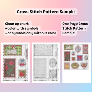 May include: A sample of cross stitch patterns featuring colorful and symbol-based designs. The image includes close-up charts and a one-page pattern, showcasing various motifs like flowers, cherries, and a swan.