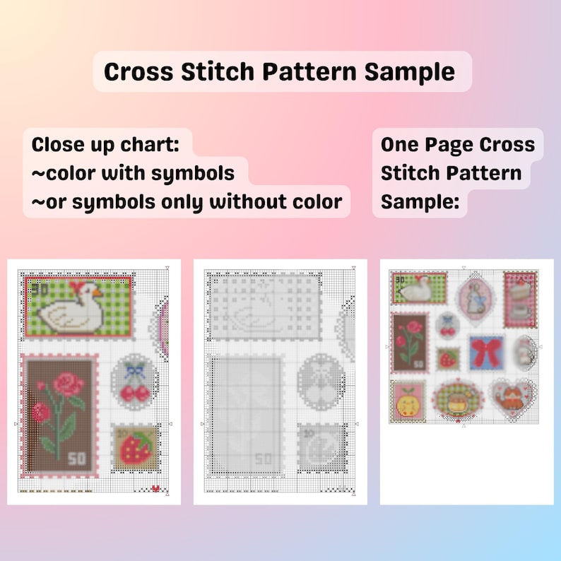 May include: A sample of cross stitch patterns featuring colorful and symbol-based designs. The image includes close-up charts and a one-page pattern, showcasing various motifs like flowers, cherries, and a swan.