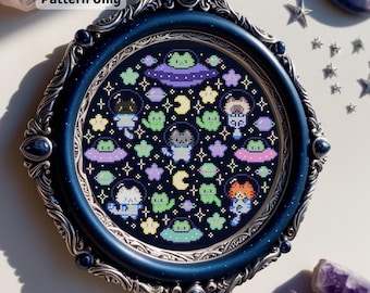 Cat Astronauts Cross Stitch Pattern, Space Alien UFO (PDF Download)
