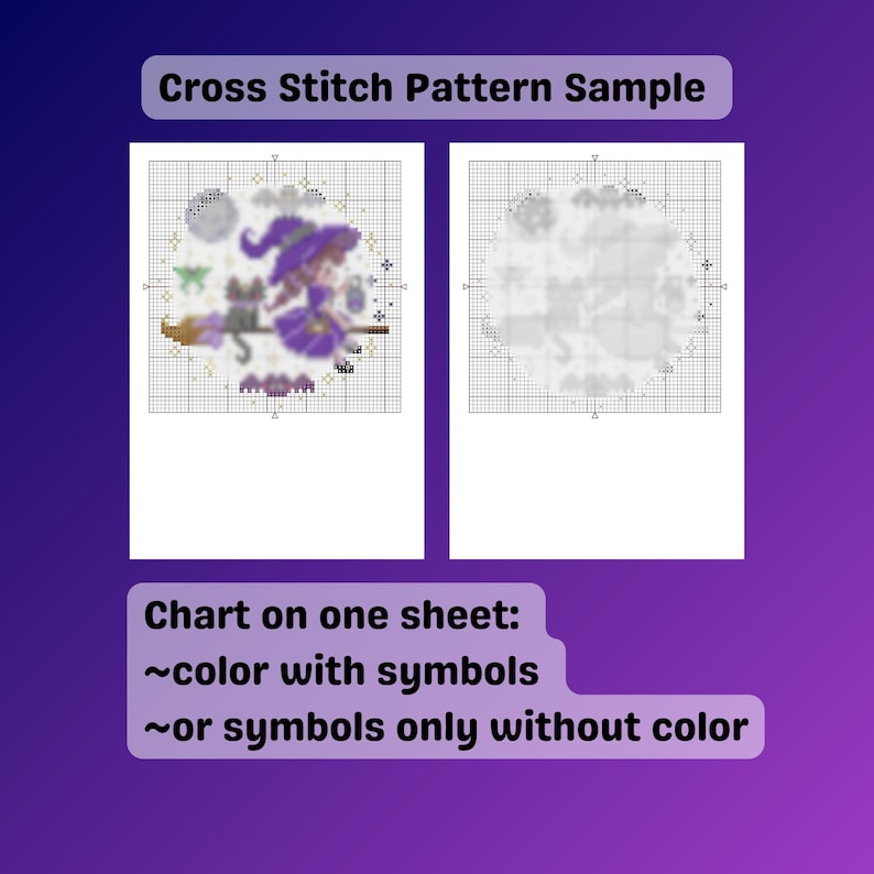 May include: A cross stitch pattern sample with two charts. The left chart shows a witch on a broom with a cat, moon, and stars. The right chart is a grayscale version. Text at the top says "Cross Stitch Pattern Sample".