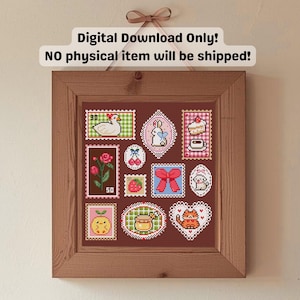 May include: A framed artwork featuring a collection of cross-stitch designs resembling postage stamps. The stamps depict various images, including a duck, bunny, cake, rose, cherries, strawberry, bow, dog, lemon, honey pot, and cat. The frame is made of wood, and the text "Digital Download Only! NO physical item will be shipped!" is displayed at the top.