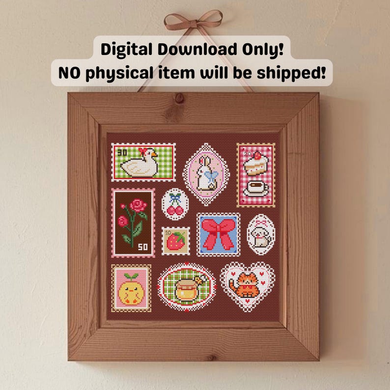 May include: A framed artwork featuring a collection of cross-stitch designs resembling postage stamps. The stamps depict various images, including a duck, bunny, cake, rose, cherries, strawberry, bow, dog, lemon, honey pot, and cat. The frame is made of wood, and the text "Digital Download Only! NO physical item will be shipped!" is displayed at the top.