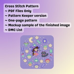 Puede incluir: Un patr&oacute;n de punto de cruz con un dise&ntilde;o de fantas&iacute;a, que incluye una bruja, un gato negro y varios elementos m&aacute;gicos. El texto en la parte superior dice "Cross Stitch Pattern", "PDF Files Only" y otros detalles. La imagen es una muestra de maqueta.