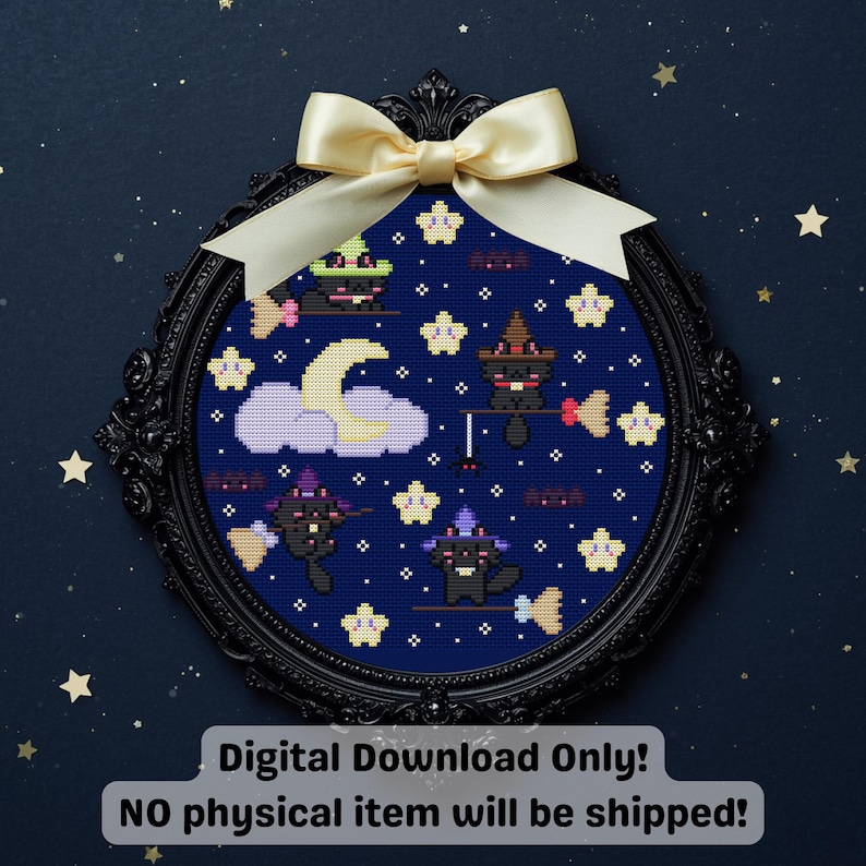 May include: A framed cross-stitch featuring cartoon black cats wearing witch hats, flying on brooms, and surrounded by stars and a crescent moon. The artwork is set against a dark blue background and framed in a black oval frame with a cream-colored bow.