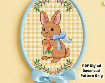 Cottagecore Rabbit Cross Stitch Pattern, Coquette Bunny, Carrot, Blue Bow (PDF Digital Download)
