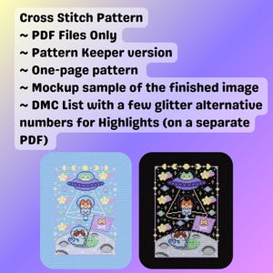 May include: A cross-stitch pattern featuring two finished designs: one on a light blue background and the other on black. The designs depict an alien in a spaceship, cats, and planets. Text at the top describes the pattern's features.