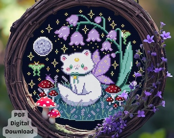 Moon Fairy Cat with Purple Flowers Cross Stitch Pattern (PDF Digital Download)