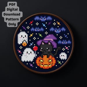 Halloween-Hexen-Mini-Kreuzstichmuster mit schwarzer Katze: Geist, Fledermaus, Kürbis (PDF-Download)