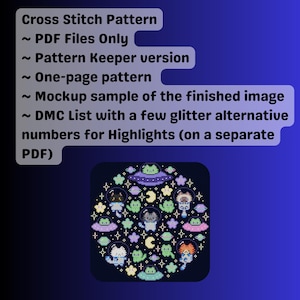 Puede incluir: Un patr&oacute;n de punto de cruz con un dise&ntilde;o circular de astronautas de dibujos animados, extraterrestres, estrellas y planetas. El texto incluye "Cross Stitch Pattern", "PDF Files Only" y otros detalles sobre el patr&oacute;n.