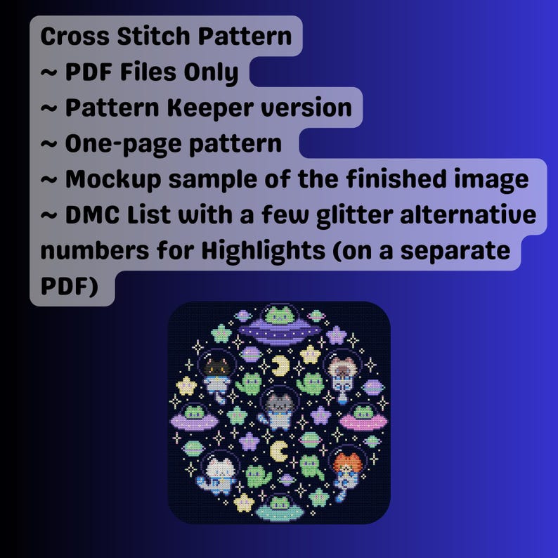 Puede incluir: Un patr&oacute;n de punto de cruz con un dise&ntilde;o circular de astronautas de dibujos animados, extraterrestres, estrellas y planetas. El texto incluye "Cross Stitch Pattern", "PDF Files Only" y otros detalles sobre el patr&oacute;n.