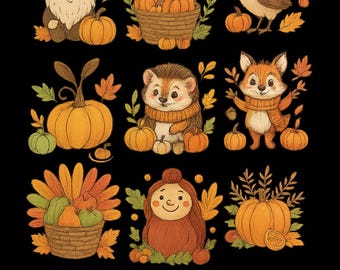 Autumn Clipart Bundle | Hand-Drawn Fall Animals & Pumpkins (PNG Digital Download)