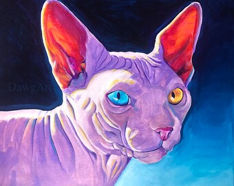 Pet Portrait Artist Colorful Pet Portrait Hairless Cat Hairless Cat Art Cat Art Art Prints Pet Portrait Sphynx Cat Art DawgArt