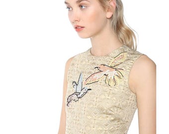 Rare Archive Red Valentino Beige Jacquard Embroidered Bird Dress Sleeveless