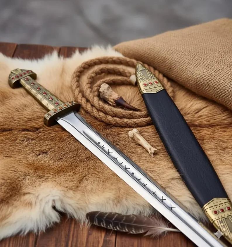 May include: A detailed image of a Viking sword with a silver blade and ornate gold-colored hilt. The sword rests on a fur-like surface, next to a black sheath with gold accents. A feather and bone fragments are also present.