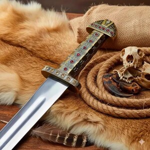 May include: A decorative sword with a silver blade and an ornate handle. The handle is gold-colored with red accents. The sword rests on a brown fur surface, with a coiled rope and animal skulls in the background.