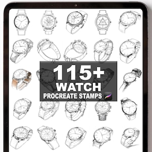 May include: A digital illustration of various watch designs. The image features a collection of watch sketches, with a central text overlay that reads "115+ WATCH PROCREATE STAMPS". The watches are in black and white.