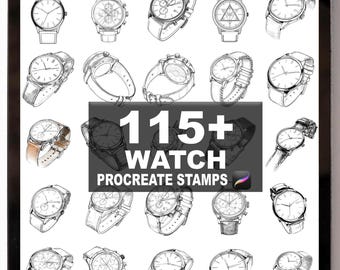 Peut inclure: Illustration numérique de divers modèles de montres. L'image présente une collection d'esquisses de montres, avec une superposition de texte centrale indiquant "115+ WATCH PROCREATE STAMPS". Les montres sont en noir et blanc.