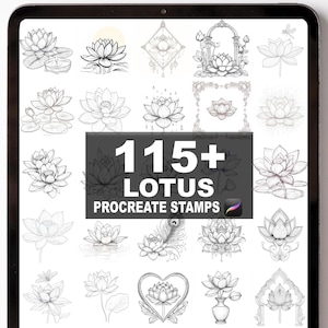 May include: A digital tablet displays a collection of 115+ lotus Procreate stamps. The stamps are black and white line drawings of lotus flowers in various styles, including detailed and stylized designs, perfect for digital art projects.