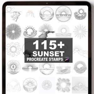 May include: A digital tablet displays a collection of 115+ sunset Procreate stamps. The stamps are black and white line drawings of various sunset scenes, including landscapes, seascapes, and abstract designs. The tablet is black.