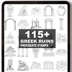 Könnte beinhalten: Eine digitale Kunstsammlung von über 115 griechischen Ruinen Procreate-Stempeln. Das Bild zeigt verschiedene architektonische Elemente, darunter Bögen, Säulen, Tempel und Vasen, alle in einem detaillierten Schwarz-Weiß-Stil dargestellt. Der Text "115+ Greek Ruins Procreate Stamps" ist prominent dargestellt.