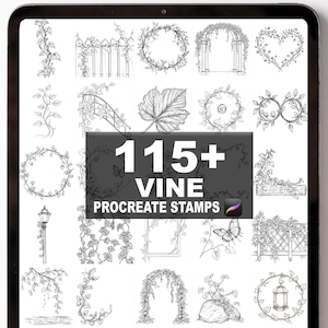 May include: A digital art collection of 115+ vine Procreate stamps. The image displays various black and white illustrations of vines, leaves, wreaths, and arches, perfect for digital art projects.