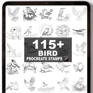May include: A digital tablet displays a collection of 115+ bird Procreate stamps. The stamps are black and white illustrations of various birds in different poses, including flying, perched, and nesting. The text "115+ BIRD PROCREATE STAMPS" is prominently displayed.