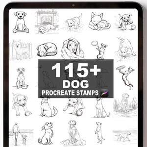 May include: A digital tablet displays a collection of dog illustrations. The image features various dog breeds in black and white, with the text "115+ DOG PROCREATE STAMPS" in the center. The illustrations showcase dogs in different poses and activities.