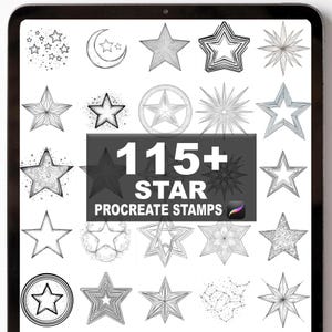 May include: A digital tablet shows a variety of star-shaped Procreate stamps. The designs range from basic outlines to complex patterns. The text "115+ STAR PROCREATE STAMPS" is displayed in the centre of the screen.